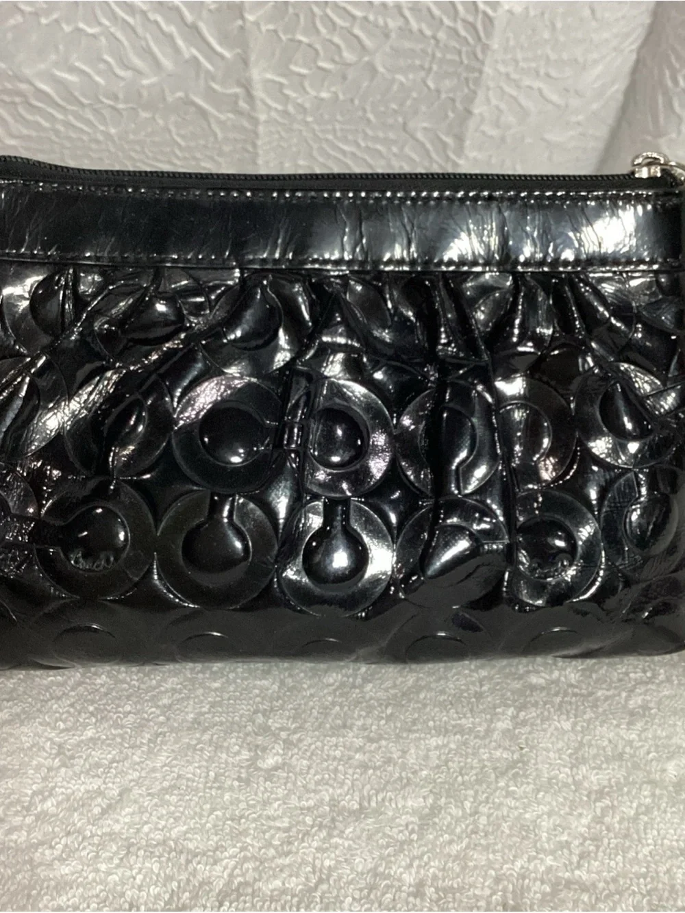 COACH Black Signature Embossed C Patent Leather Bag with Charm & Wrist Strap
